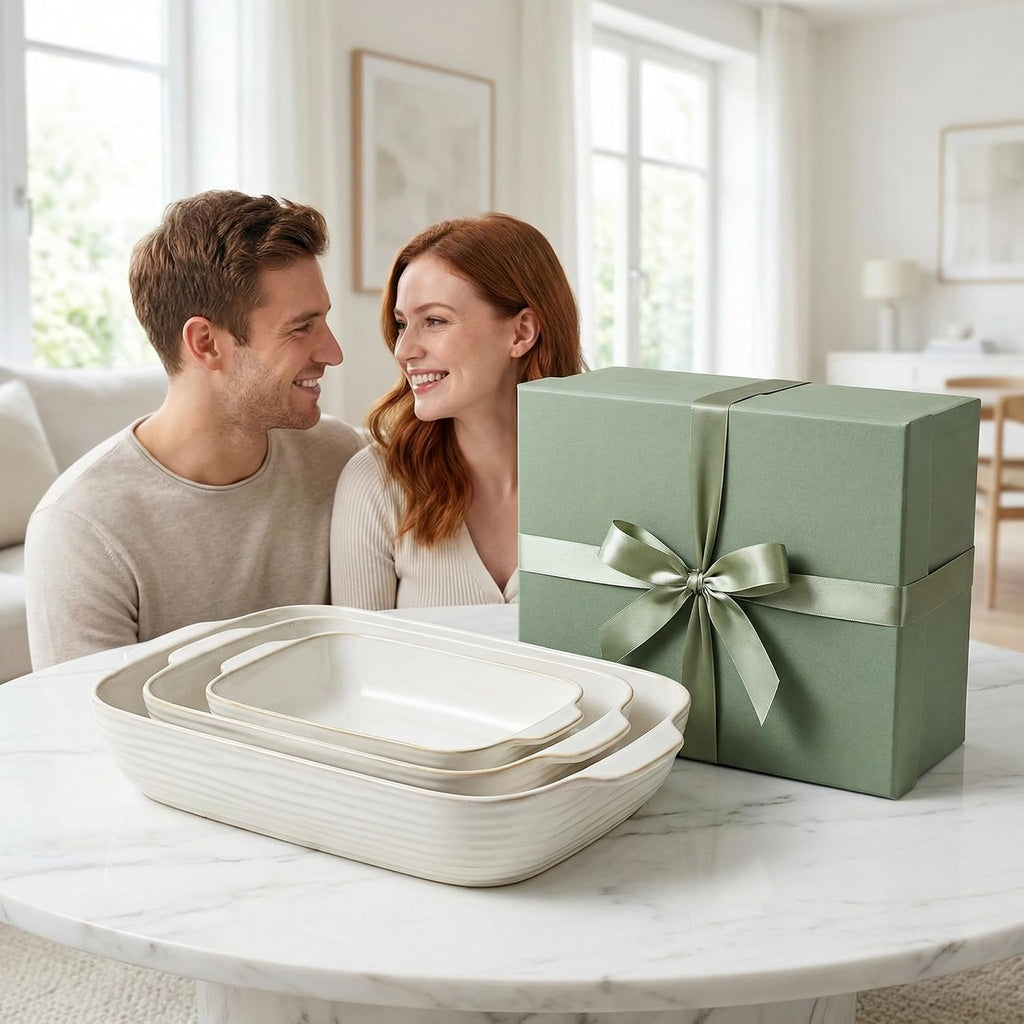 Dish for Oven, Ceramic Casserole Dishes Set for 3, Rectangular Lasagna Pan Deep, Pans with Handle, 12.9"/10.8"/8.4"