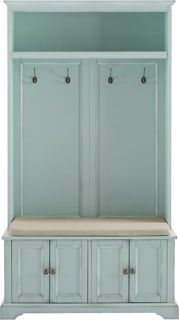 Holbrook Hall Tree with Shoe Rack Bench and Coat Hooks for Hanging Storage, Distressed Seafoam Blue