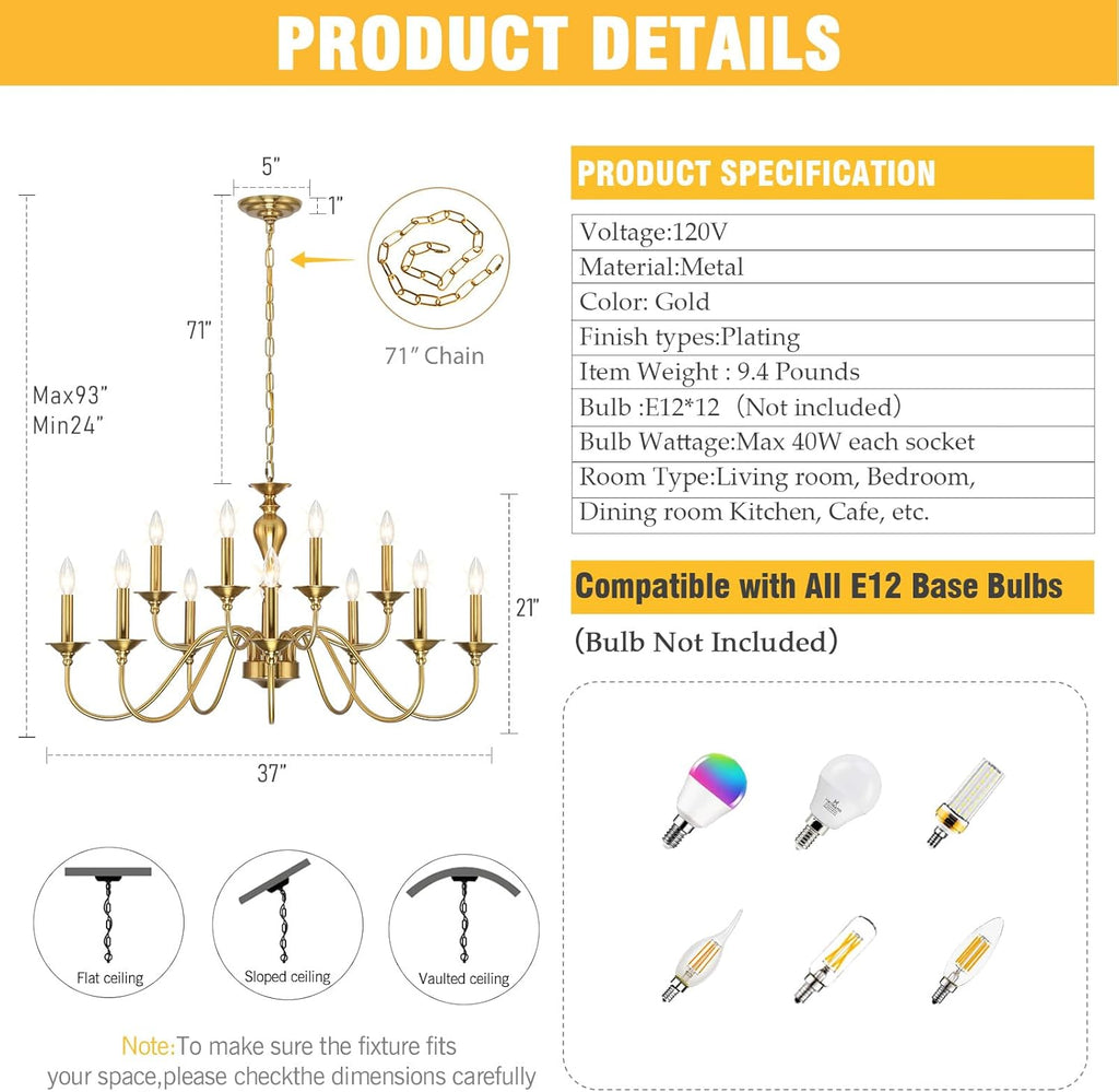 12 Light Gold Farmhouse Chandeliers for Dining Room Light Fixtures Over Table,Industrial Candle Hanging Chandelier for Living Room Foyer Staircase Bedroom Kitchen Island Restaurants