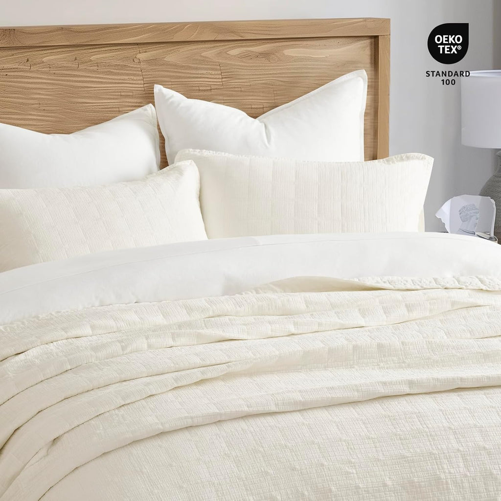 Cotton Quilt Set King, Ultra Soft Oversized Bedspread Coverlet Set, Lightweight Crinkle Box Stitch