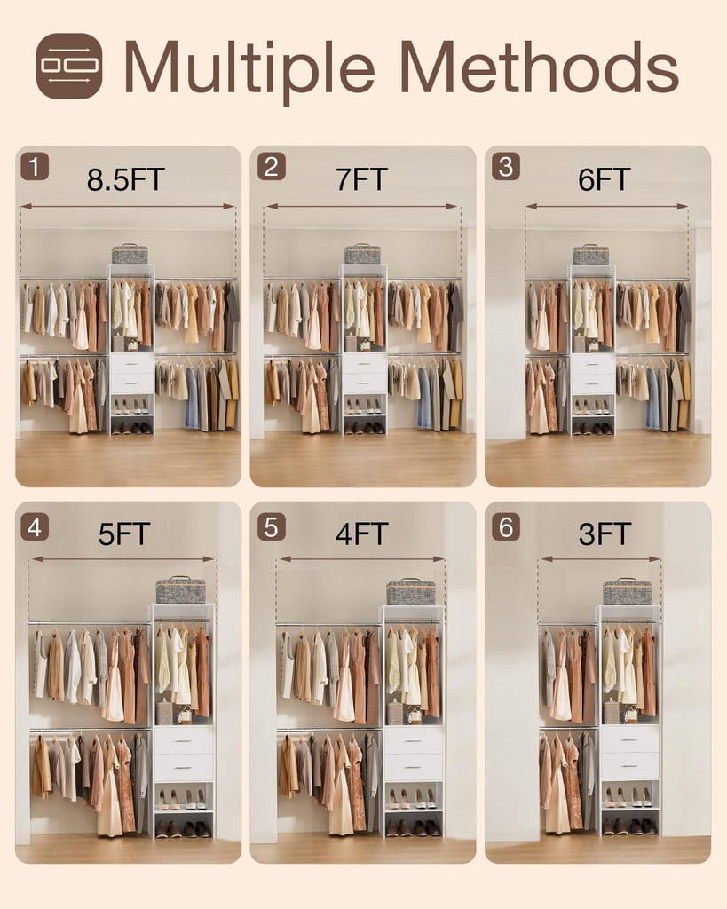 Closet System with Drawer, 5-8FT Closet Organizers System with 5 Adjustable Hanging Rods and Shoe Rack, Heavy Duty