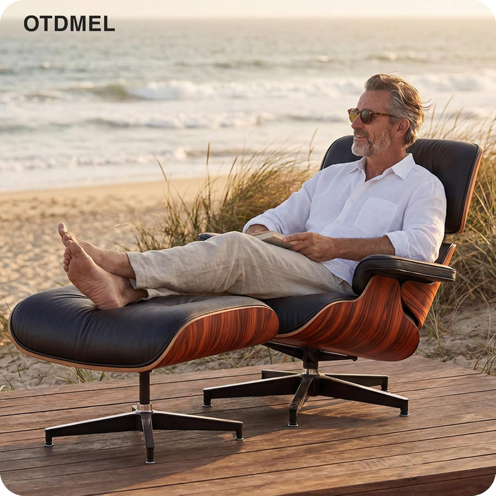 Mid-Century Modern Lounge Chair & Ottoman — Premium Top-Grain Leather, Rosewood Base, Extended Chaise