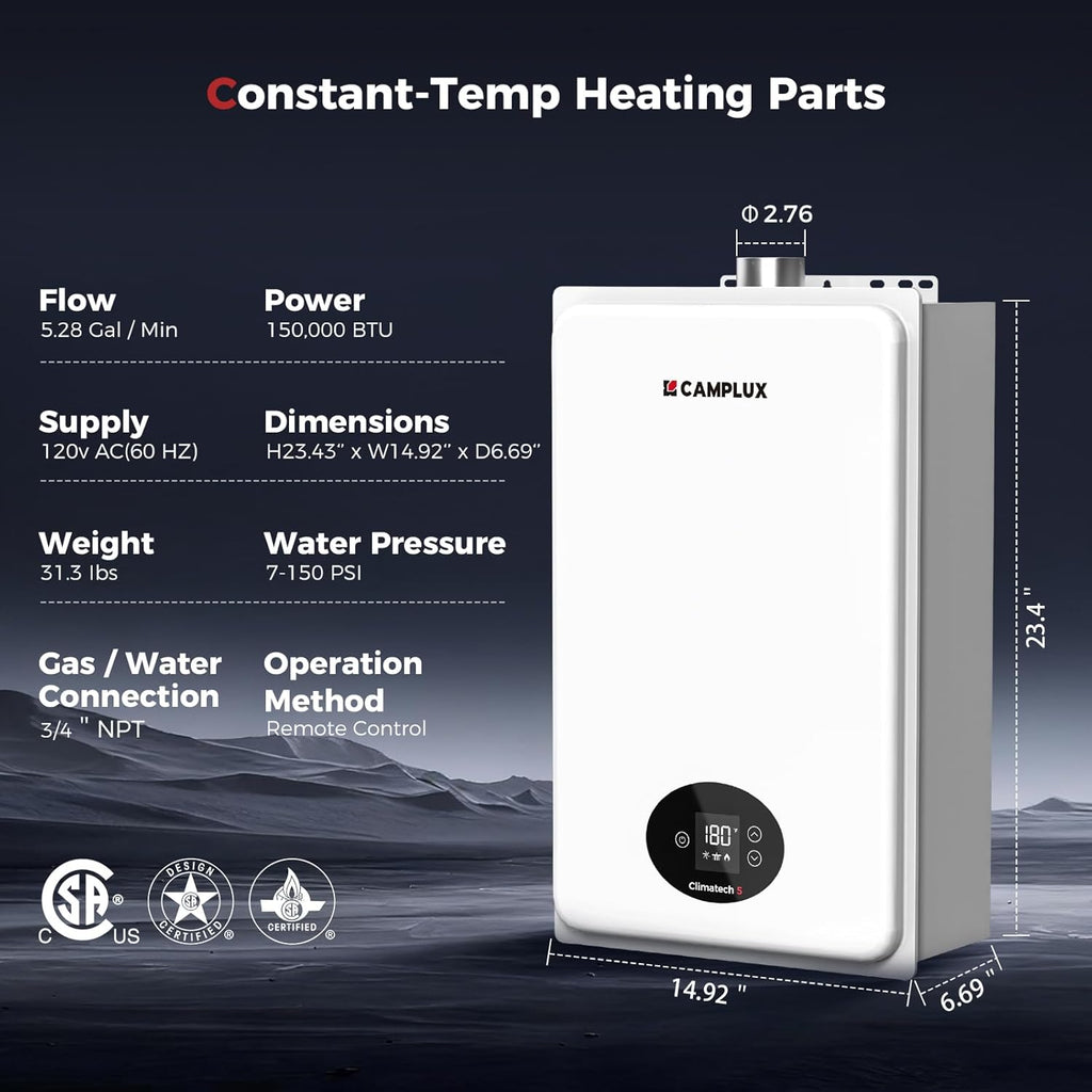 Climatech 5 Tankless Water Heater Gas 5.28 GPM Up to 6.4 GPM, 150, 000 BTU