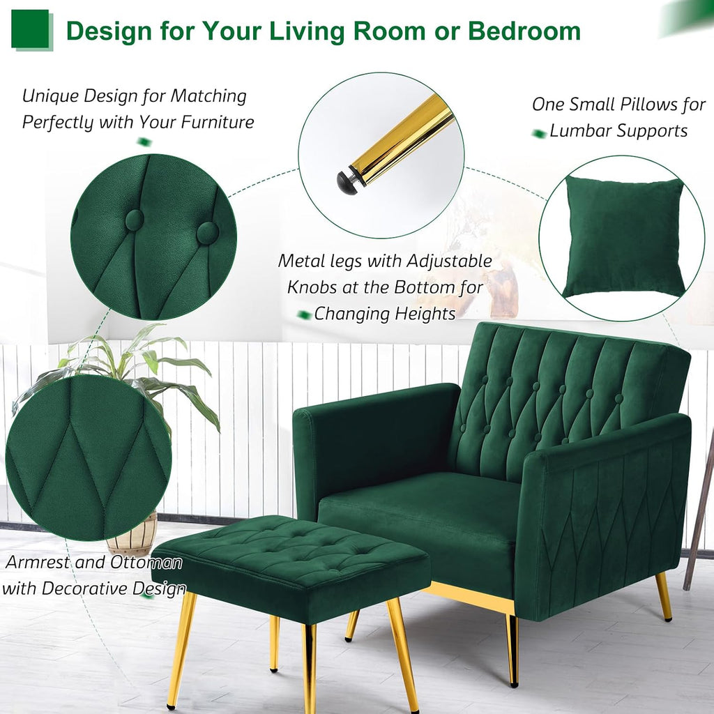 Velvet Accent Chair with Adjustable Armrests and Backrest, Button Tufted Lounge Chair, Single Recliner Armchair with