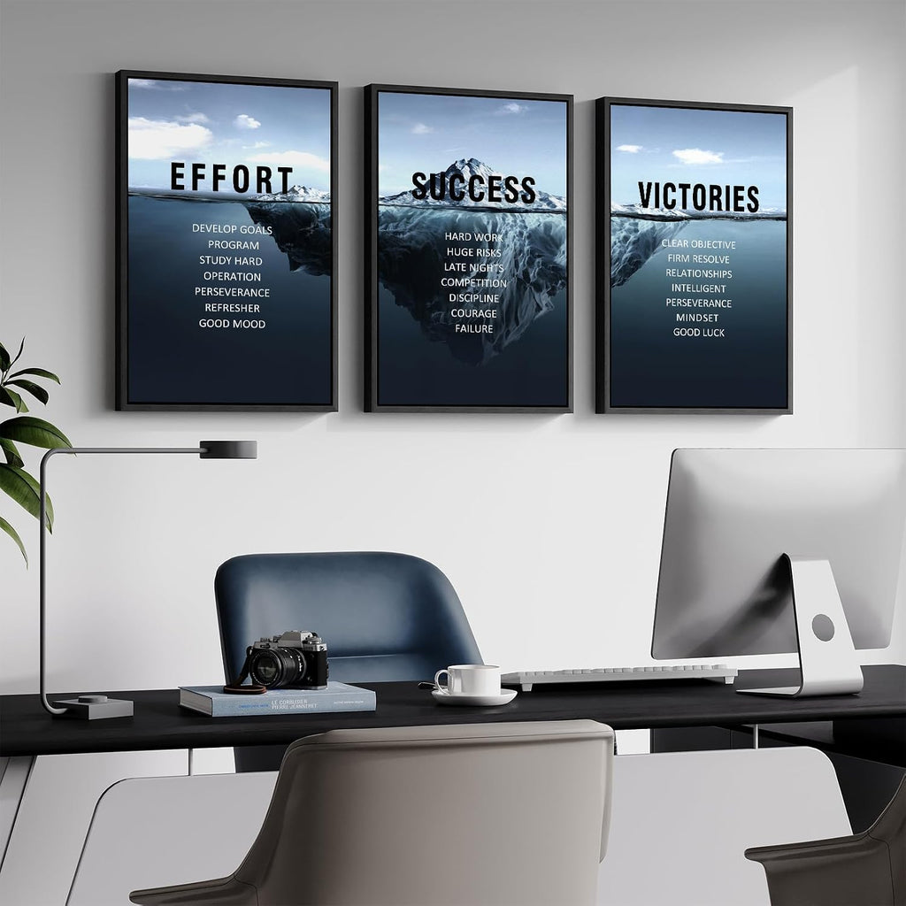 Framed Motivational Wall Art Decor, Set of 3 Inspirational Modern Iceberg Canvas Wall Art Prints, Navy Blue Positive