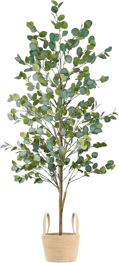 Faux Eucalyptus Tree 6FT, Artificial Potted Tree for Indoor Outdoor, Fake Floor Plants with Natural Wood Trunk, Home