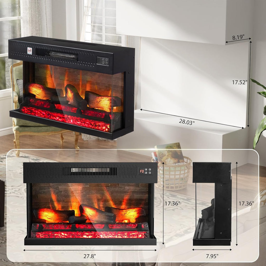 28 Inch 3-Sided Glass Electric Fireplace Insert, Electric Fireplace Heater with Remote Control