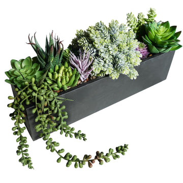 14" Artificial Succulent Plants Arrangement Assorted Faux Succulents in Rustic Black Rectangular Wooden Planter Box