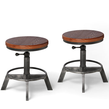 Set of 2-Industrial Bar Stool-Counter Height Chairs- Swivel Wooden Seat- Adjustable 15.2-21"