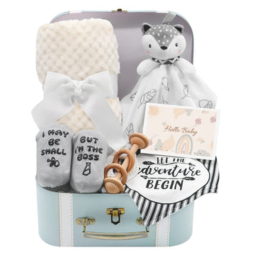 Baby Shower Gifts, Baby Boy Gifts Basket Includes Newborn Blanket Baby Lovey Security Blanket Wooden Rattle Toy