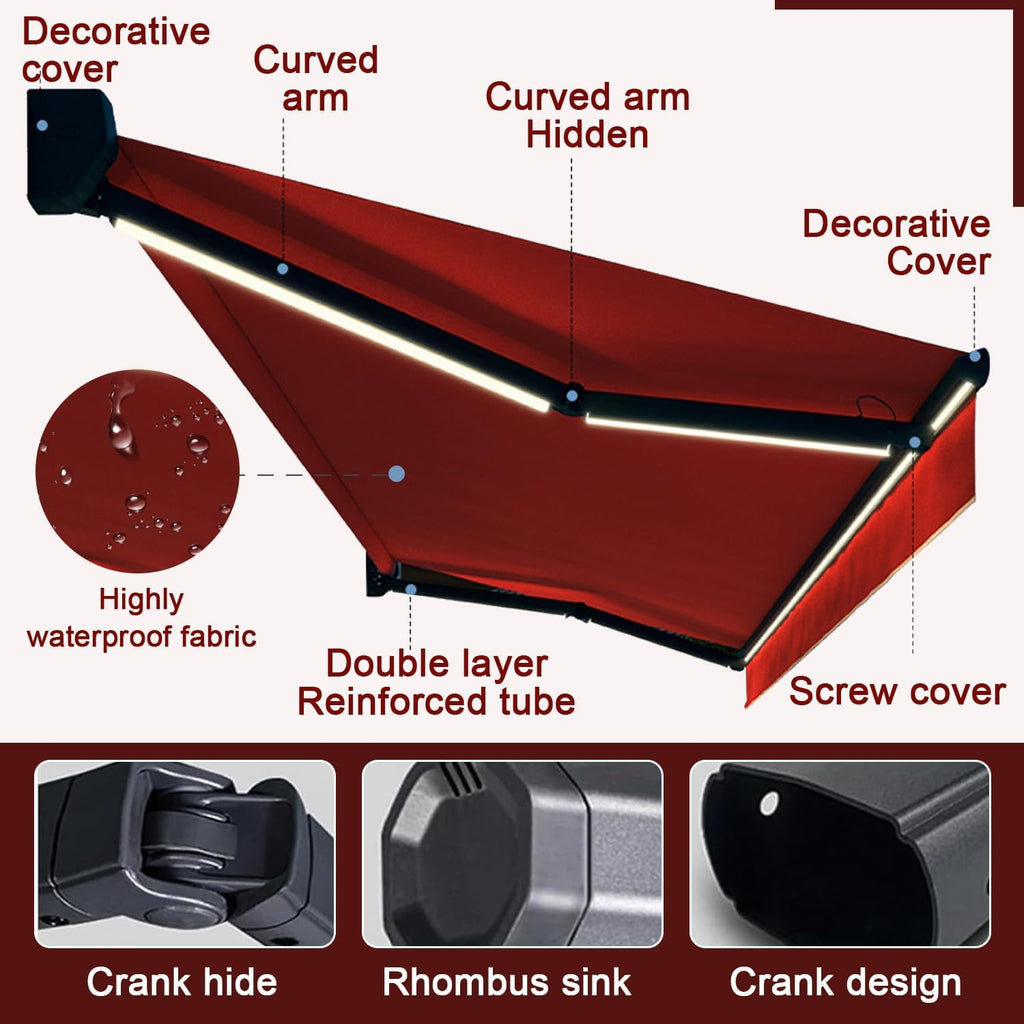 Retractable Patio Awning, Fully Assembled Motorized LED Sunshade Waterproof UV Protection, Large Canopy for Window