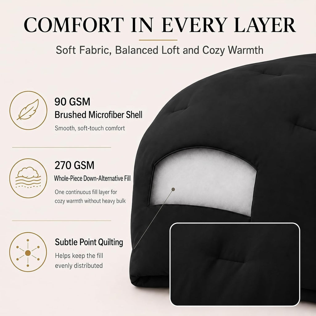 Queen Comforter Set, 3 Pieces Down Alternative Bedding, Black - Set of 3