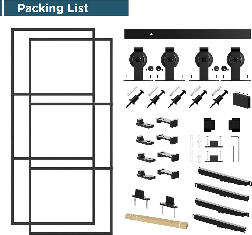 76 x 84 in Metal and Glass Sliding Double Barn Door with Installation Hardware Kit (Soft-Close Inclu