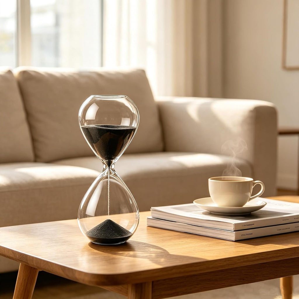 Hourglass, Black Sand Timer, 15 Minute Hand-Blown Glass
