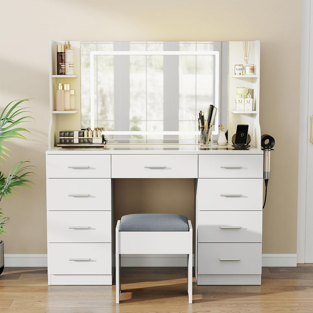 Vanity Desk with Mirror and Lights: 46" Makeup Vanity with 9 Drawers, Large Make Up Desk with Chair, Dressing Table