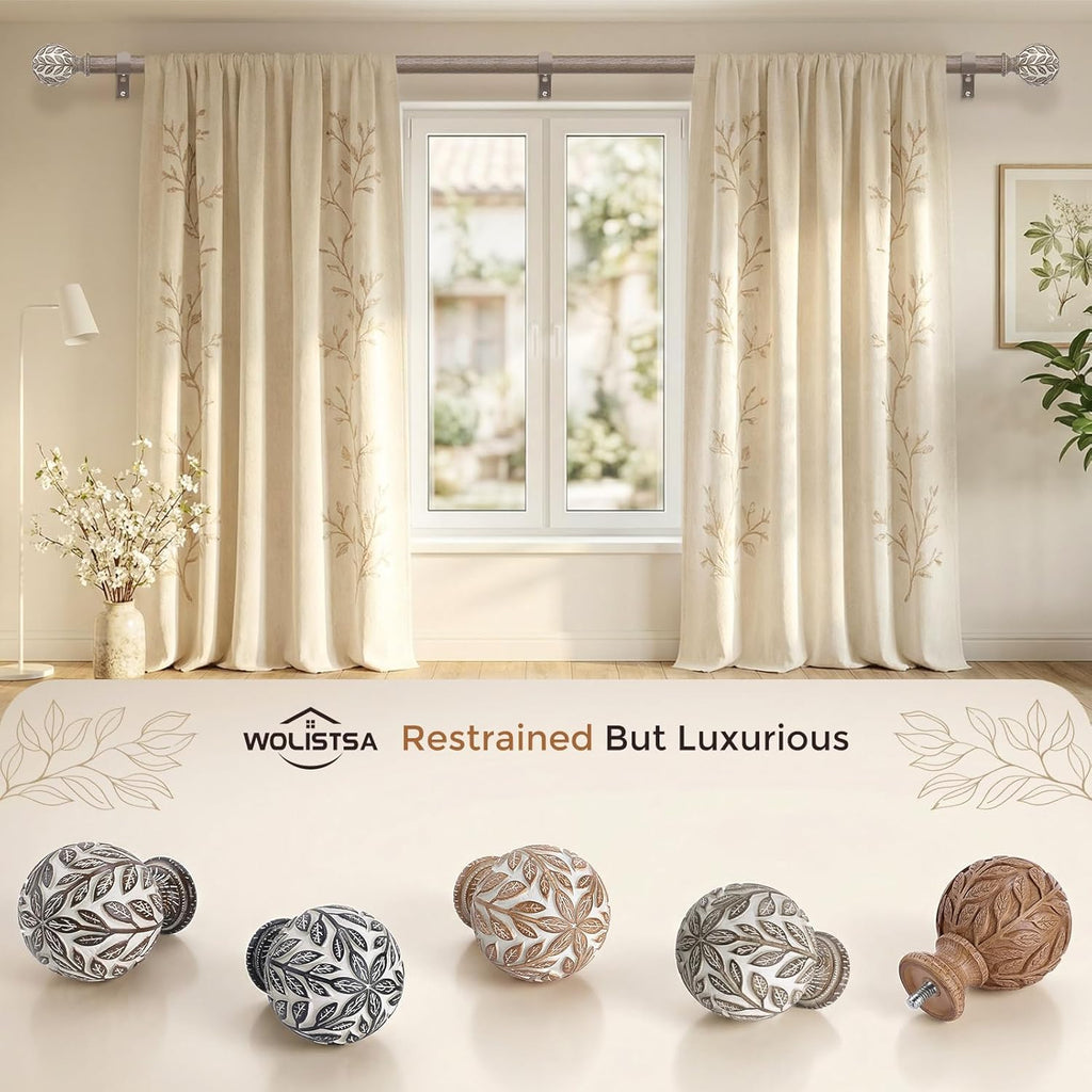 Curtain Rod 36-122 Inch, Boho Decorative 1 Inch Wood Rustic Curtain Rods for Windows, Adjustable Heavy Duty Long