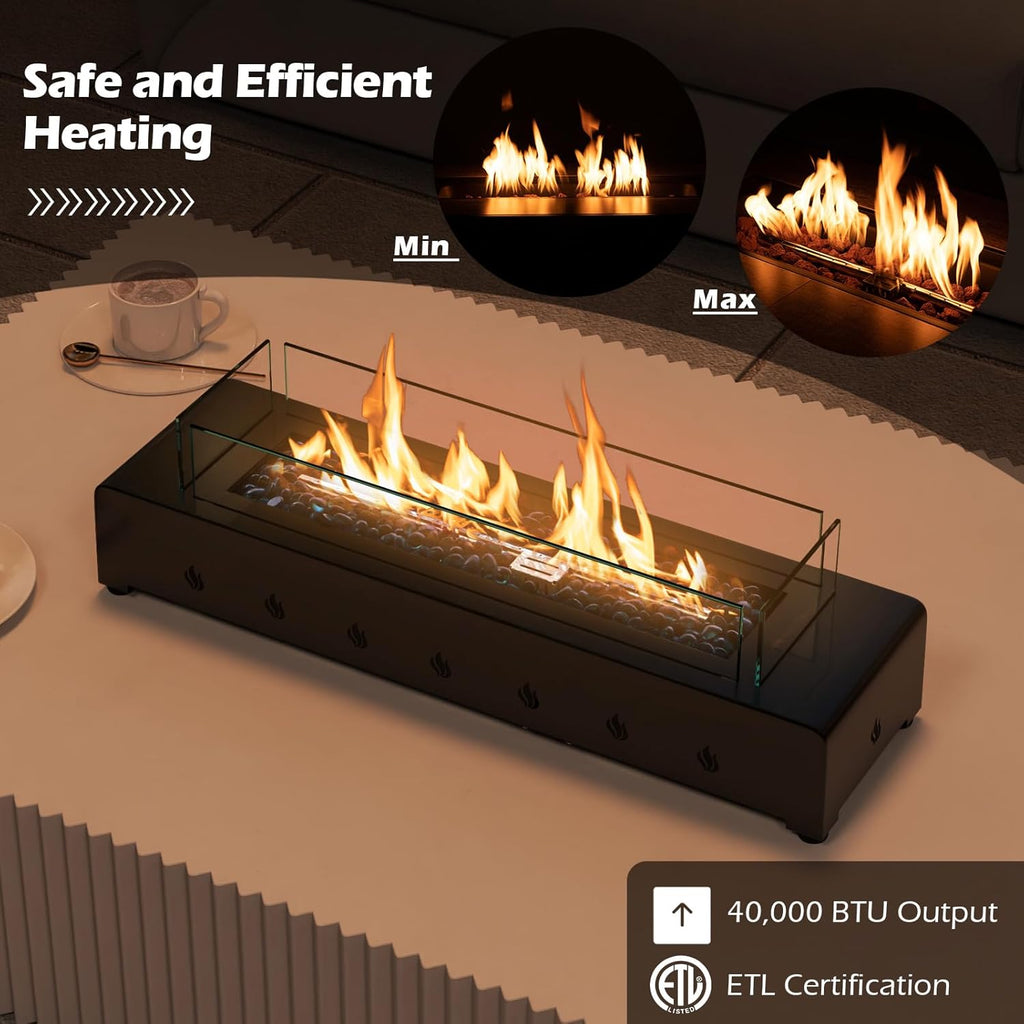 30 Inch Table Top Propane Fire Pit, 40,000 BTU Rectangular Tabletop Firepit with Wind Guard, Glass Rocks & Cover