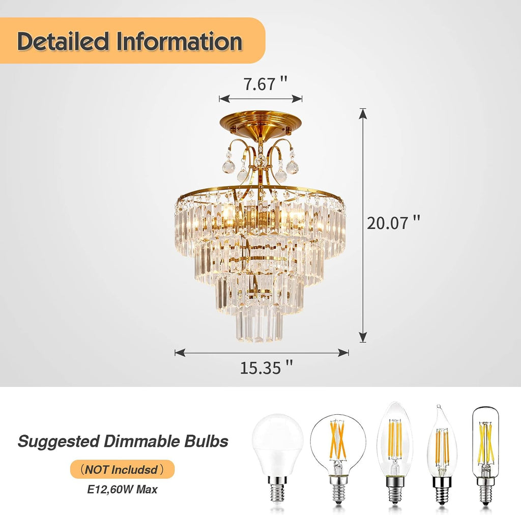 5 -Lights Crystal Gold Chandelier Fixture Modern Semi Flush Mount Ceiling Light with E12 Ceiling Lighting for Bedroom