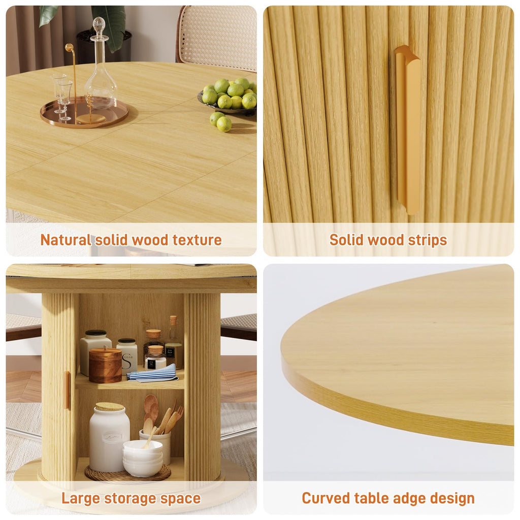 47-63in Extendable Round Dining Table for 4-8, Modern Kitchen Oval Dining Table with 2-Layer Storage Shelf, Wood