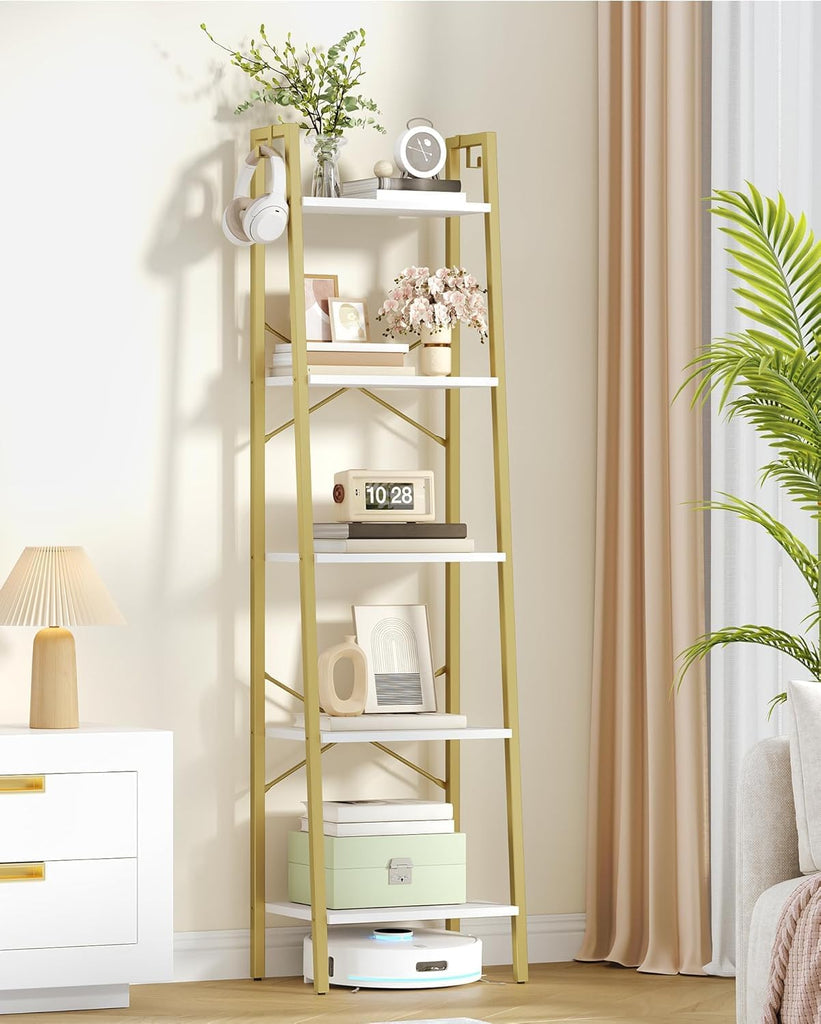 Ladder Shelf, Bookshelf Bookcase, Freestanding Corner Storage Shelve with 2 Hooks, Industrial