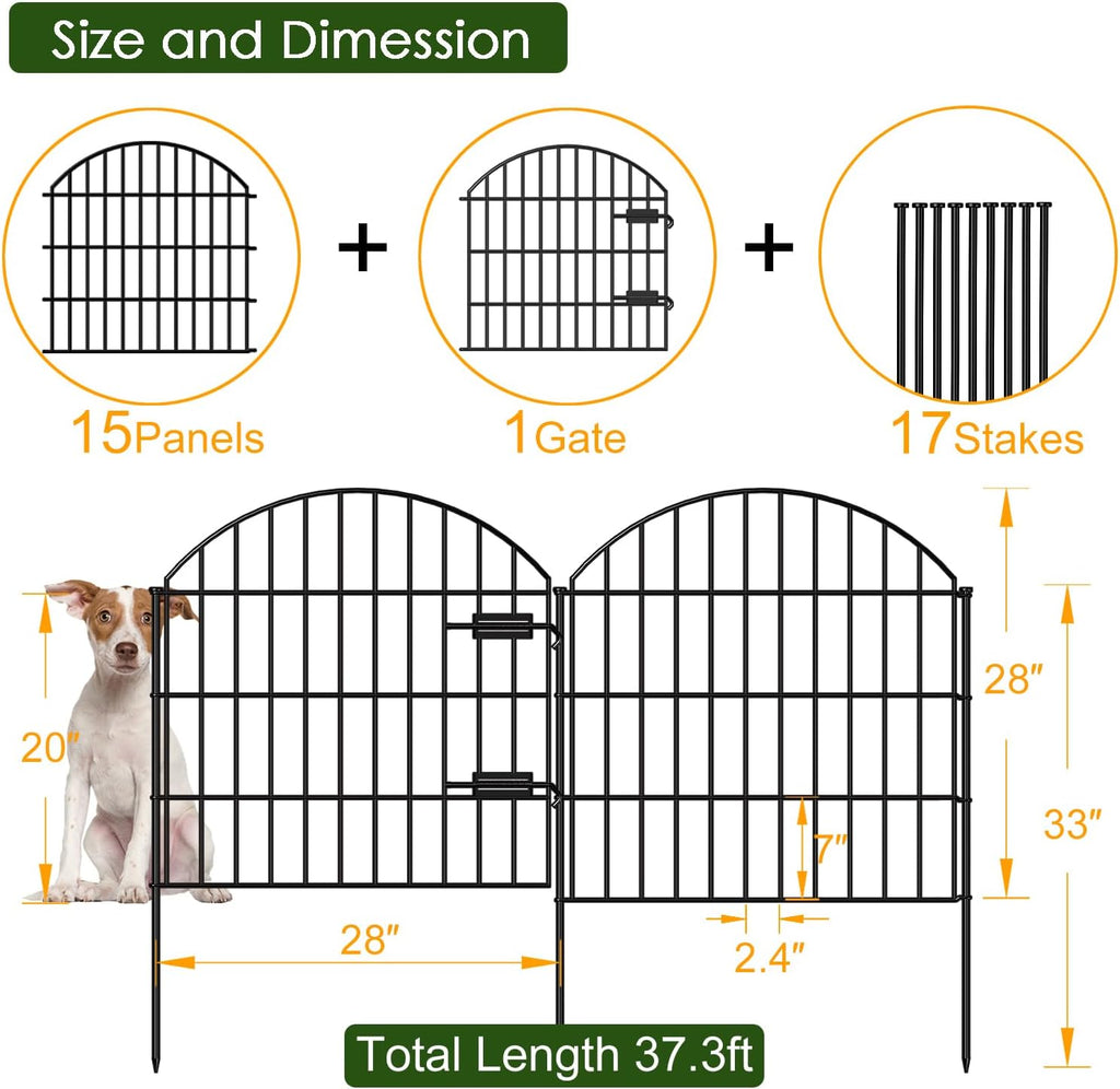 Metal Garden Fence with Gate 28in (H) x 37.3ft (L), 1 Gate + 15 Panels Dog Fences Border Fence Animal Barrier, No Dig