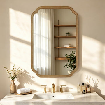 Wood Bathroom Mirror for Wall Decor Arched Rounded Corner Rustic Wood Frame Wall Mirror Home Decorative for Vanity