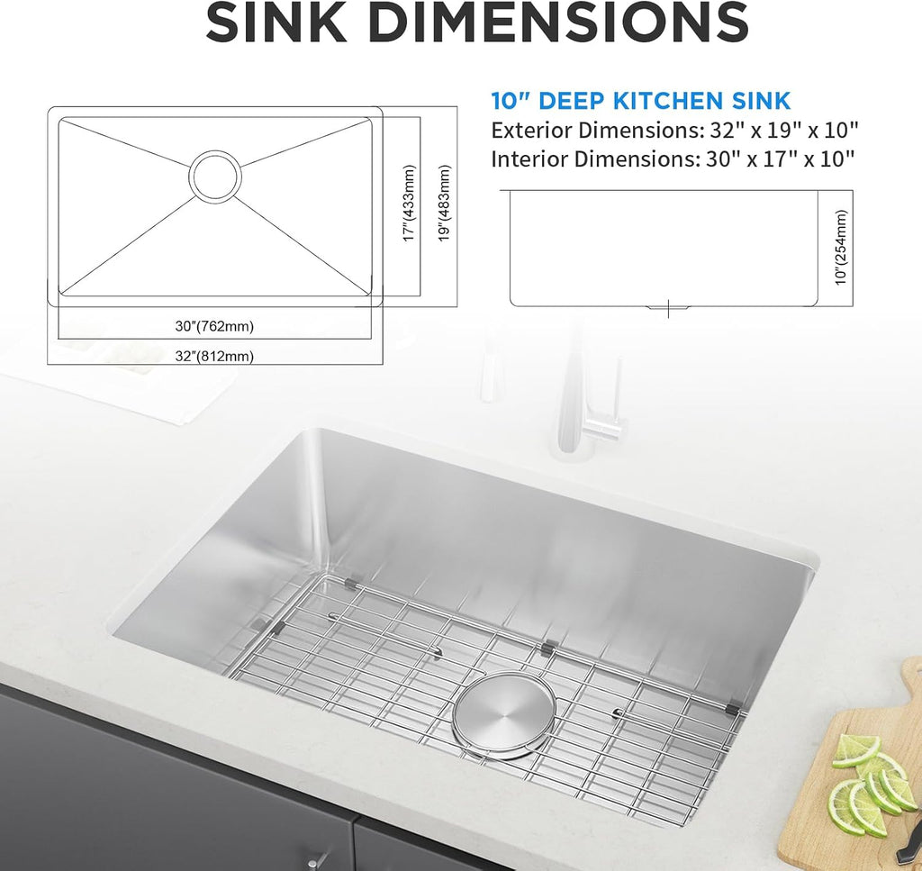 32 Inch Undermount Kitchen Sink with Quiet Drain, Bottom Grid - 11 Gauge Stainless Steel Single Bowl
