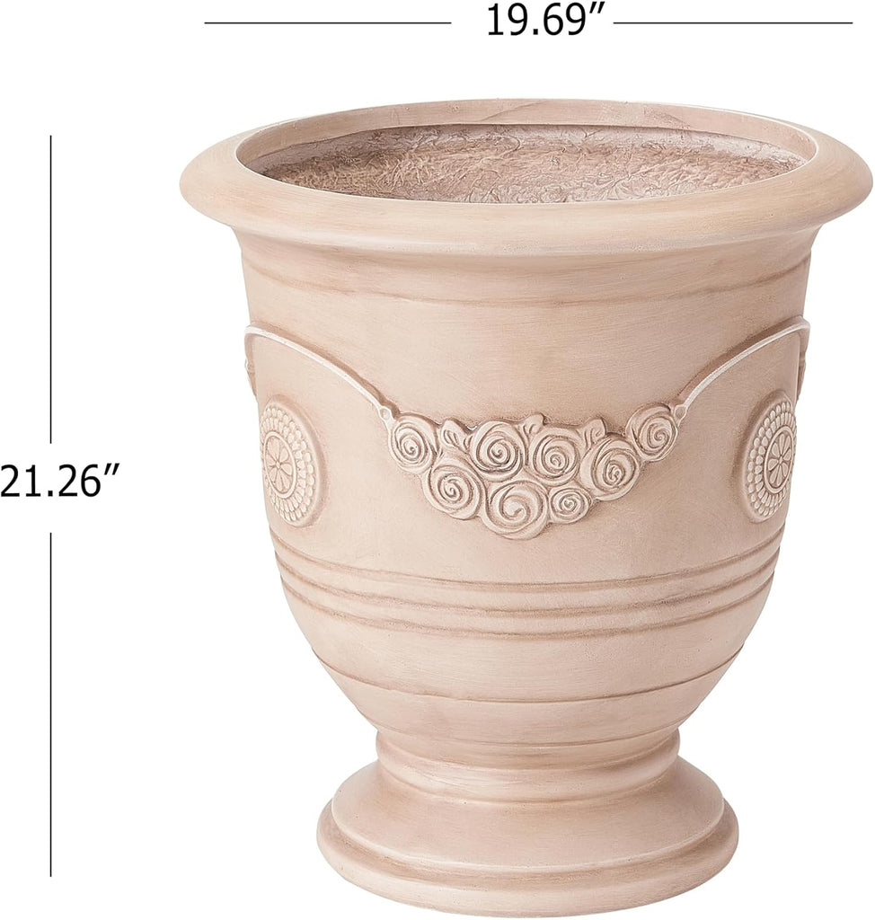 Rewol Round Concrete Planter Set of 2, 2 Pack Garden Flower Pot with Drainage Hole, Floral Relif Patio Urn Planter