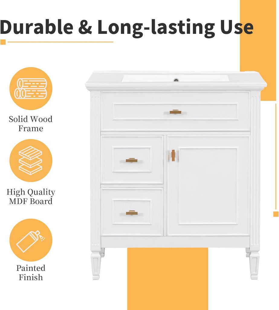 Harper & Bright Designs 30" Bathroom Vanity with Sink, Free Standing Vanity Set with Tip-Out Drawer, 2 Drawers