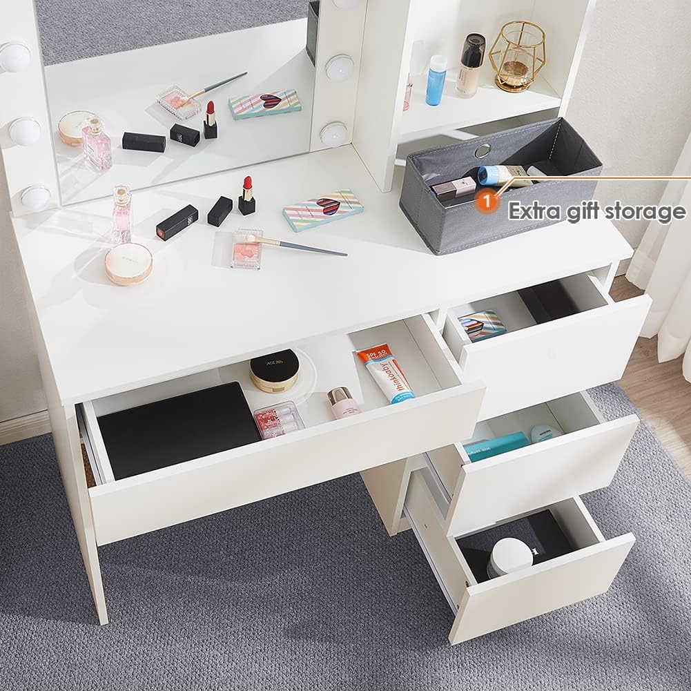 Makeup Vanity with Lights, 37inch Vanity Desk, 4 Large Drawers Dresser with Lighted Mirror, 3 Lighting Modes