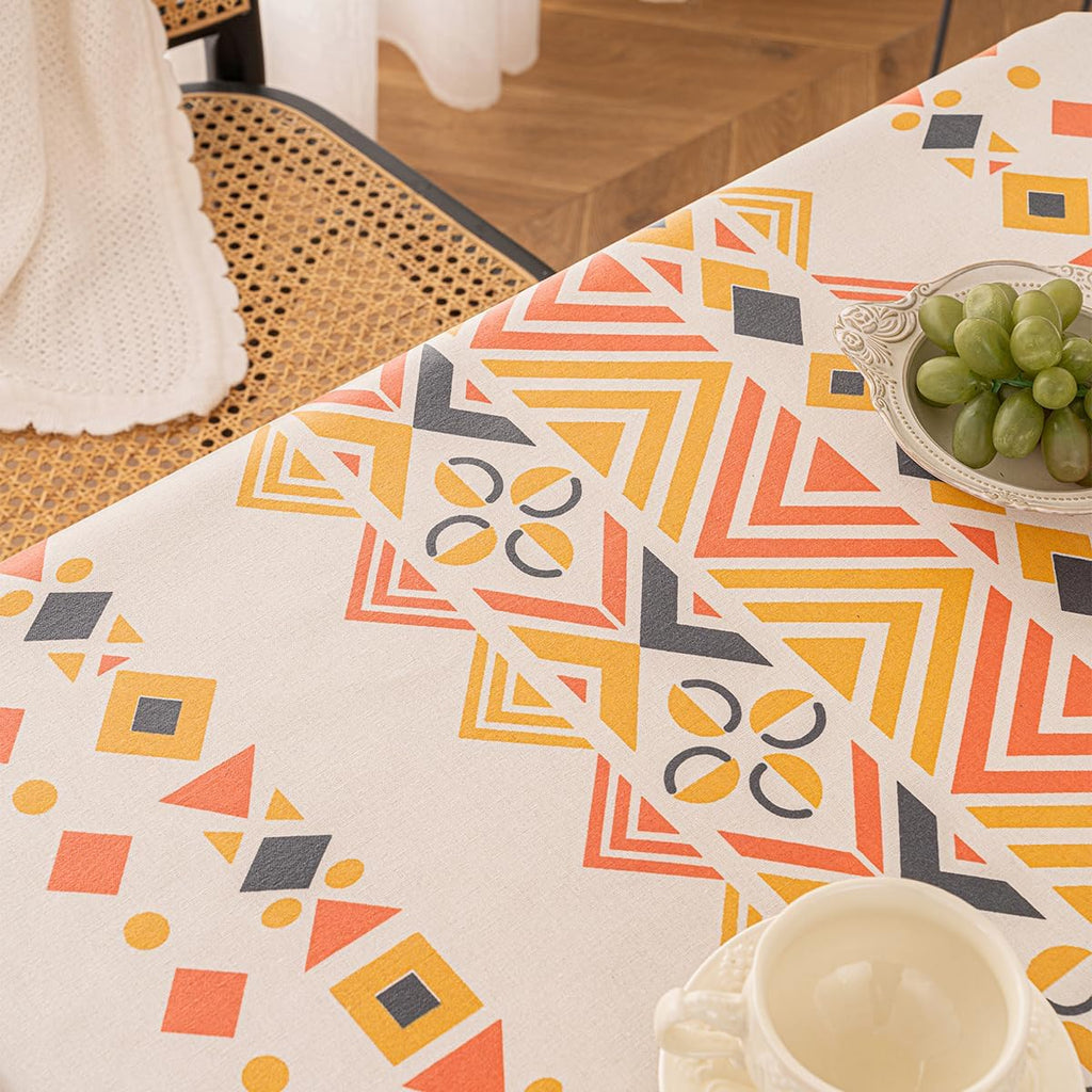 Waterproof Bohemian Tablecloth, 6-8 Foot Rectangle Fabric Orange Colorful Table Cloth with Soft Cott