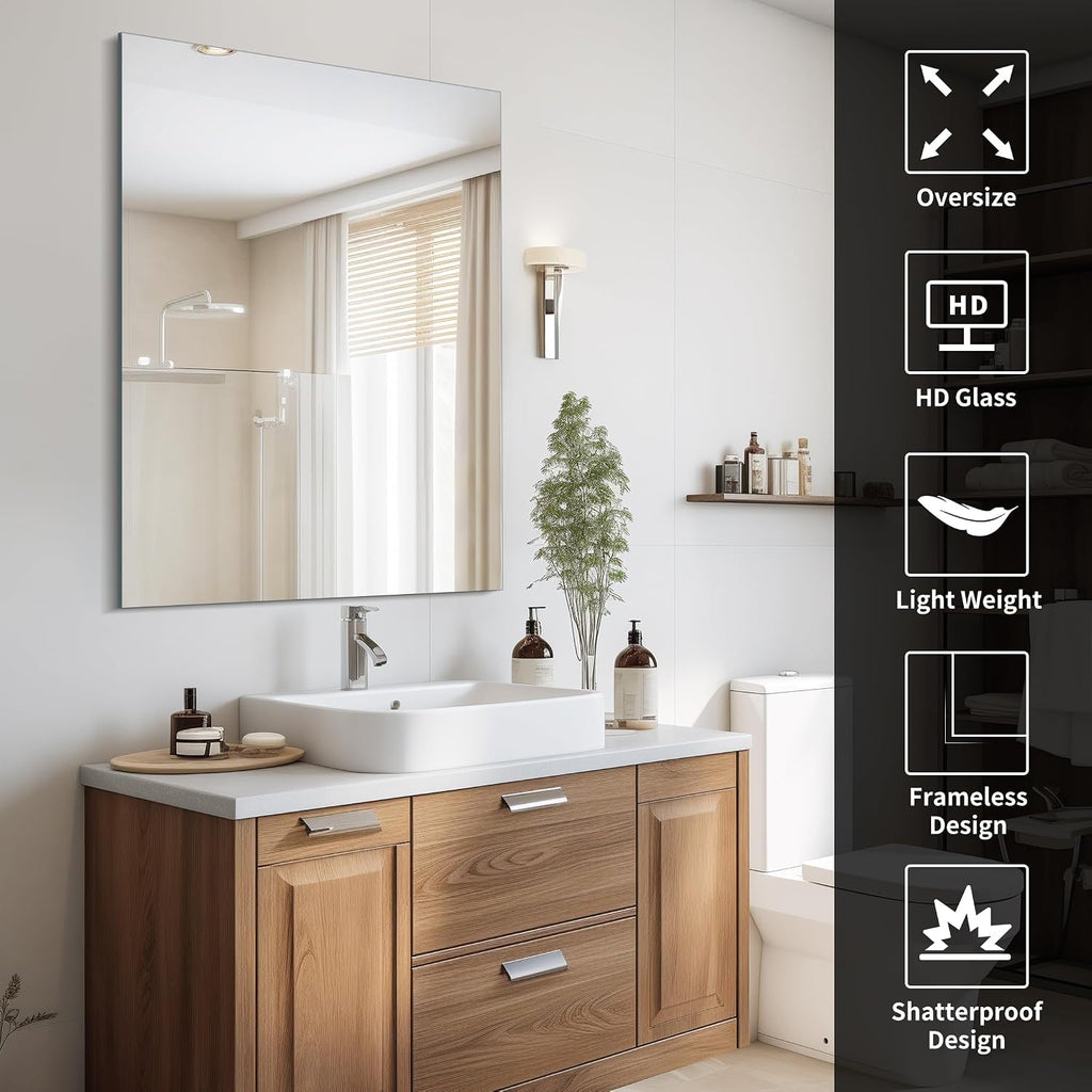 Frameless Mirror, 30x40 Inch Rectangle Vanity Mirror for Wall, Large Bathroom Mirror Over Sink with Polished Edge