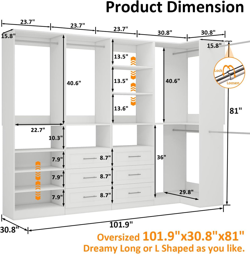 Closet System with 4 sets, 101.9" Closet Organizer Systems with 6 Drawers & 8 Hanging Rods & Adjustable Shelves, Walk