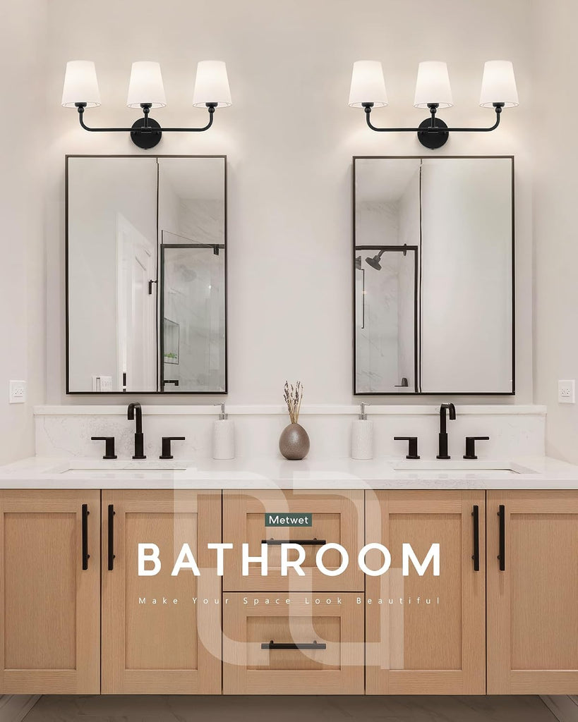 Bathroom Light Fixtures, Matte Black Vanity Lights with Flared White Fabric Shade, 3 Light Wall Sconce, Modern