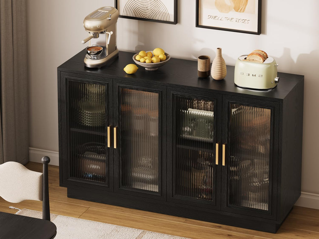 Sideboard Buffet Cabinet with Storage - 55.1" Wood Kitchen Cabinets with 4 Doors, Black Large Buffet Table
