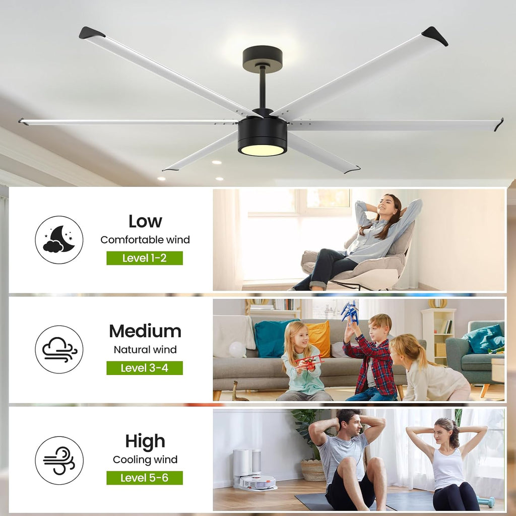 84 Inch Industrial Ceiling Fan with Light,2 Downrods,6-Speed,Large Ceiling Fan with Remote and APP,6 Reverisble Aluminum Blades,Outdoor Ceiling Fans for Patios/Shop/Garage/Commercial Silver