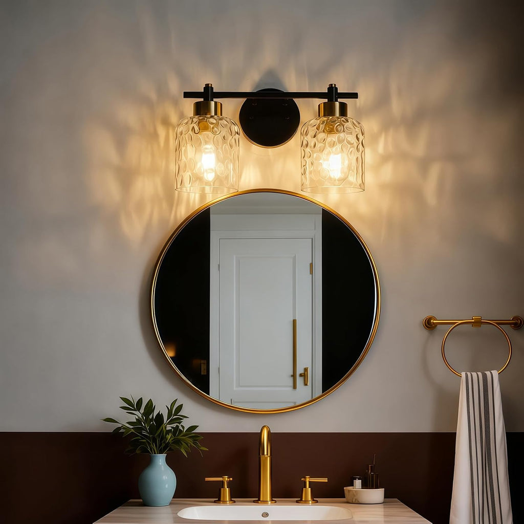 2 Light Black and Brass Vanity Light with Hammered Glass over Mirror Makeup | 13.7" Black and Gold Farmhouse Bathroom