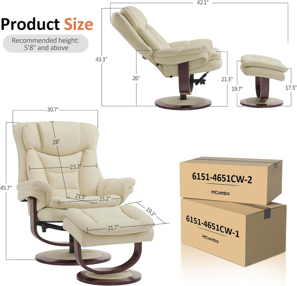 Modern Reclining Swivel Lounge Chair and Ottoman — White Faux Leather