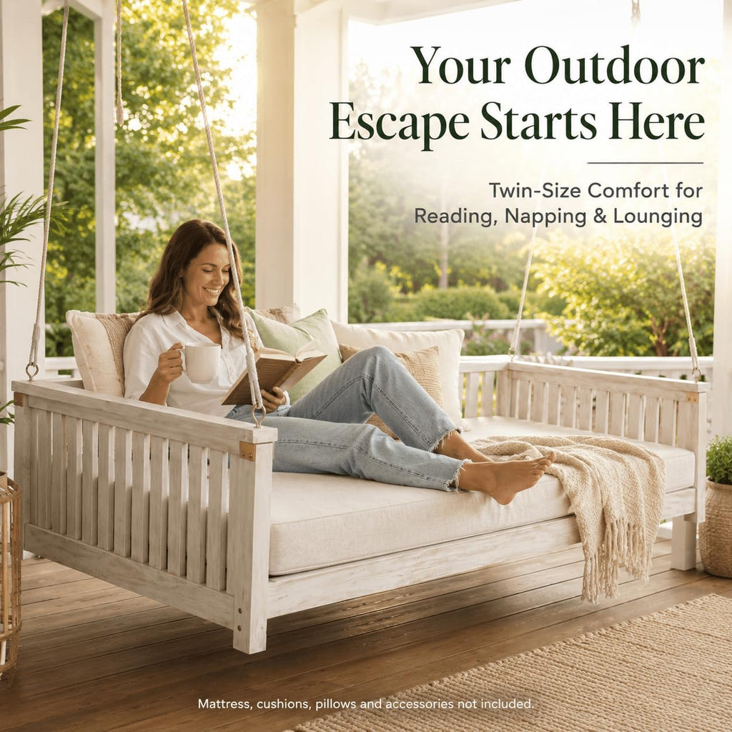 Twin Size Acacia Wood Hanging Swing Bed with Ropes, Outdoor Porch Daybed , Garden & Backyard, Minimalist Wooden Swing