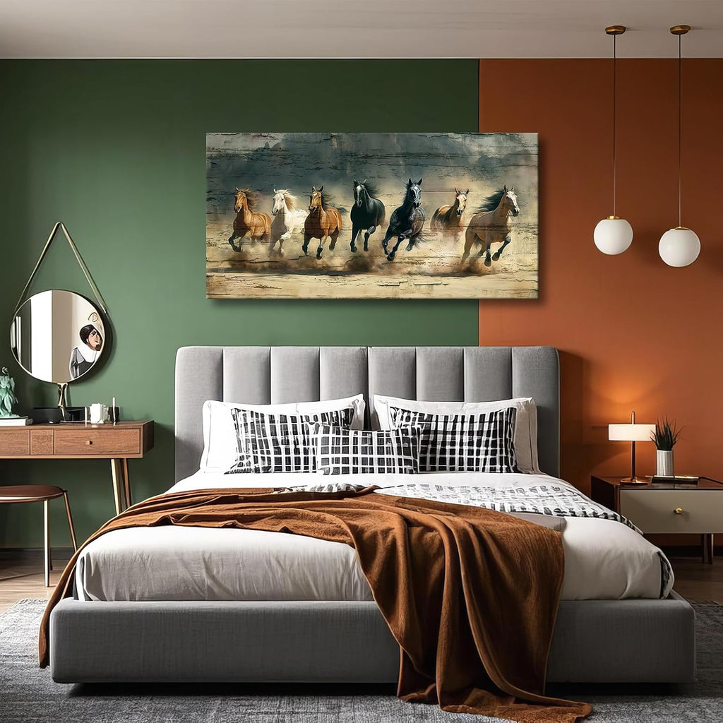 Rustic Running Horses Wall Art, Large Western Canvas Print , Wild Stallion Painting, Vintage Farmhouse Decor, Cowboy