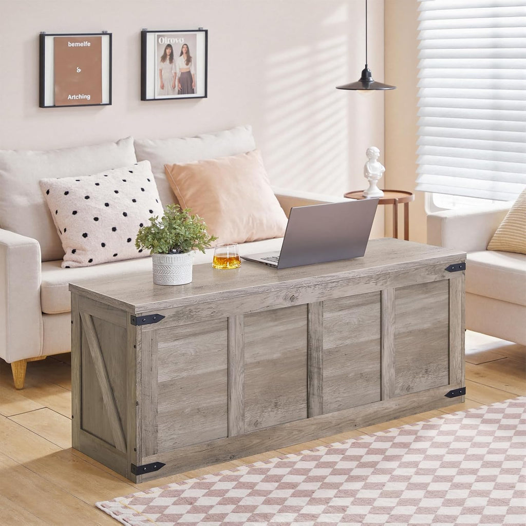Storage Bench, 47.2"Toy Box Organizer with Safety Hinges, Farmhouse Wooden Storage Chest, Greige BG520CW01