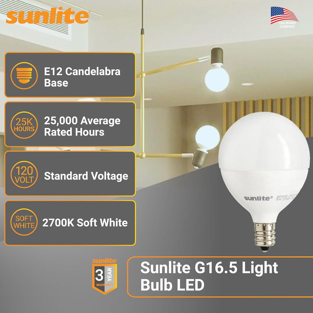 LED G16.5 Globe Light Bulb, 5 Watts (40W Equivalent), 350 Lumens, 2700K Soft White, Dimmable, Candelabra E12