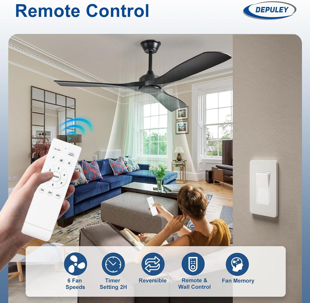 52 Inch 3 Blade Indoor Outdoor Fans for Patios - Black Ceiling Fan No Light Remote APP Control Ultra Quiet DC Motor Reversible 6 Speed Timer