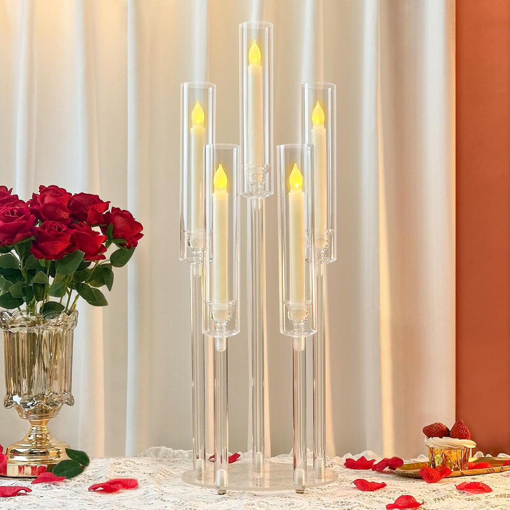 2Pcs Acrylic Candelabra Centerpieces 25.5" Tall Crystal Taper Candlestick with Shade Fit 0.87'' Led Candle