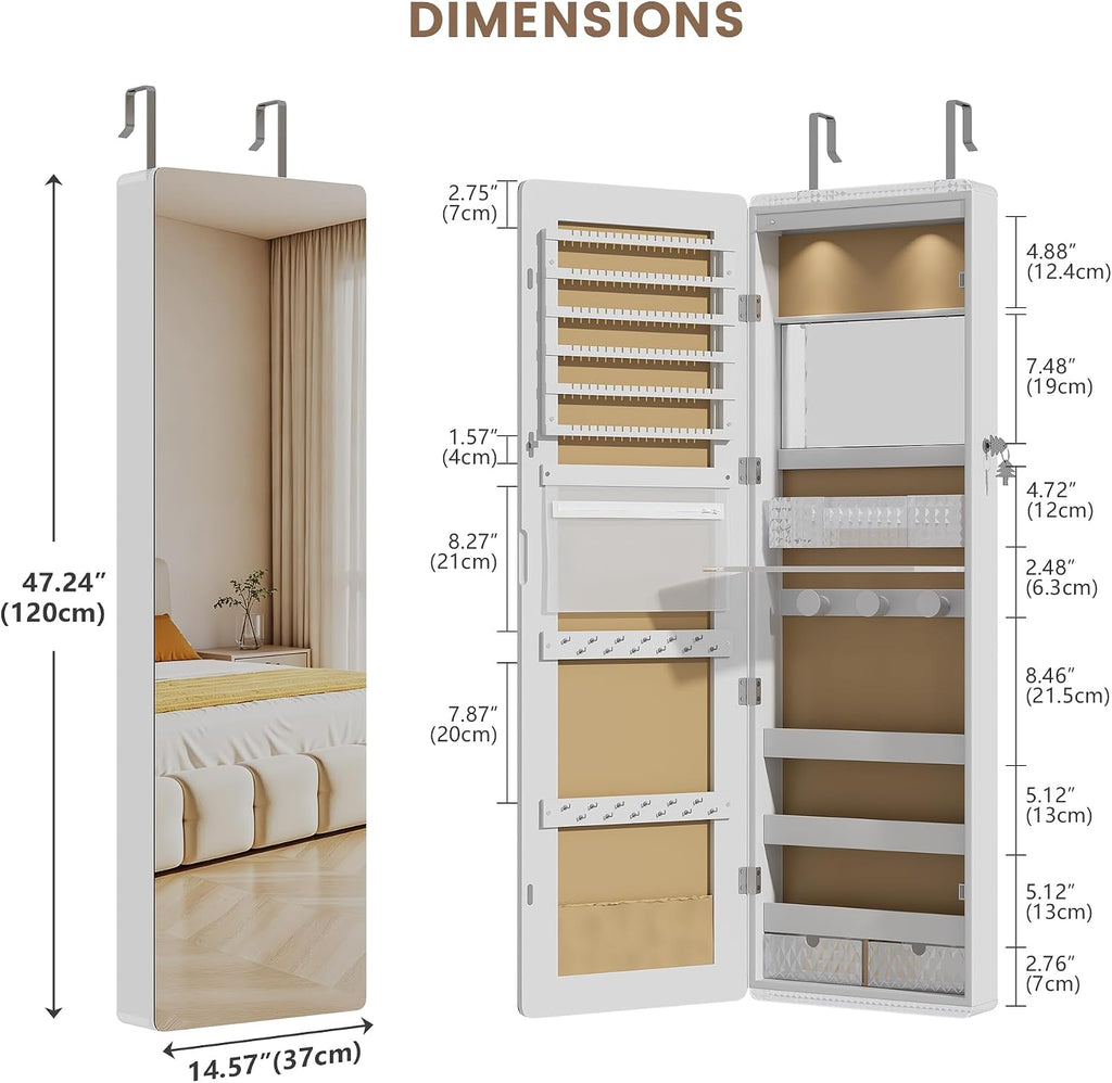 47.2" Full-Length Mirror Jewelry Cabinet, Lockable Wall/Door Mount, White