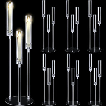 6 Set Wedding 3 Arm Acrylic Candelabra Table Centerpiece 30.7" Clear Tall Floor Candle Holder with Shade Pillar Taper