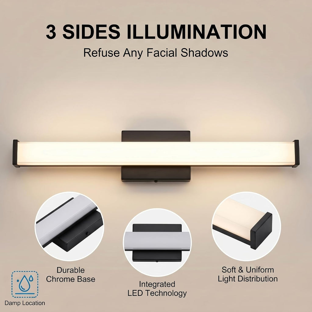 24" Modern LED Bathroom Light Fixtures, Matte Black 3CCT Dimmable Bathroom Vanity Light Over Mirror, Bathroom Vanity
