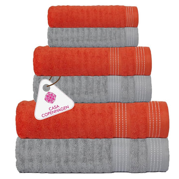 Elegance 6Pcs 100% Egyptian Cotton Large Designer Towels Gift Set- Grey Violet-Orange - 2Bath 2Hand