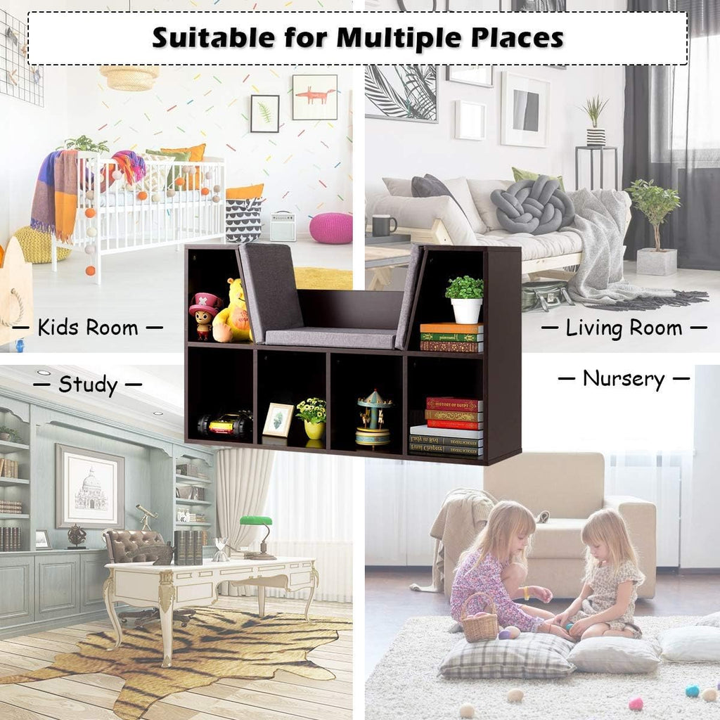 Kids Bookshelf with Reading Nook, 6 Cubby Bookcase with Soft Seat Cushion, Wooden Toy Storage Organizer with Bench