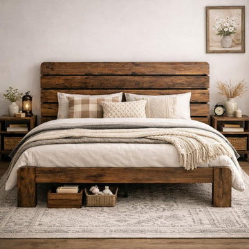 Wooden Queen Bed Frame with Headboard, Rustic Farmhouse Platform Bedframe with Wood Slat Support, Sturdy and No